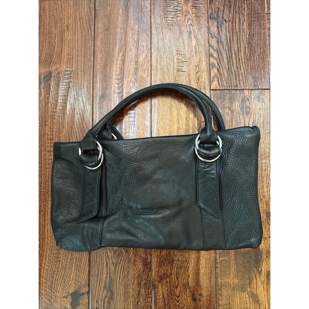 Express Design Studio Black Pebbled Leather Satchel Handbag Silver Ring Hardware